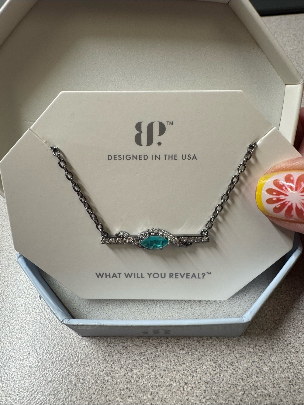 Silver Necklace with Teal Marquise Crystal Accent